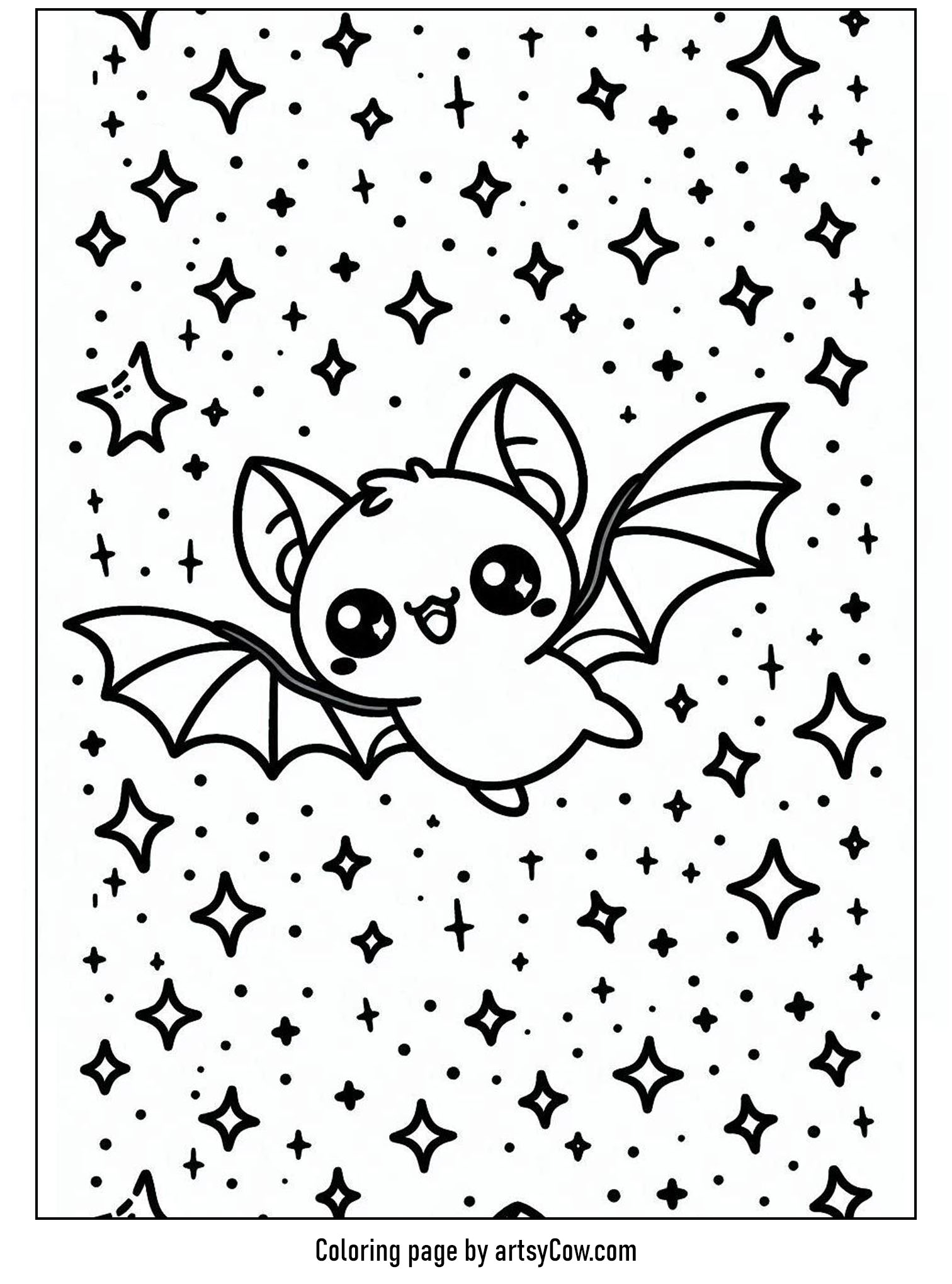 halloween coloring pages with bats. A lovely illustration of a cute bat amidst twinkling stars.